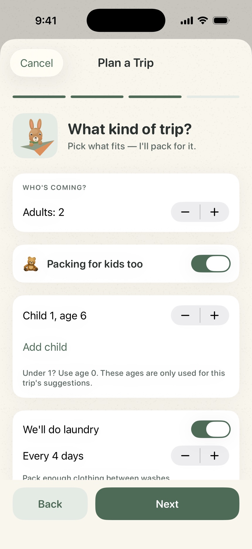 The trip planner with family size, child ages and laundry options.