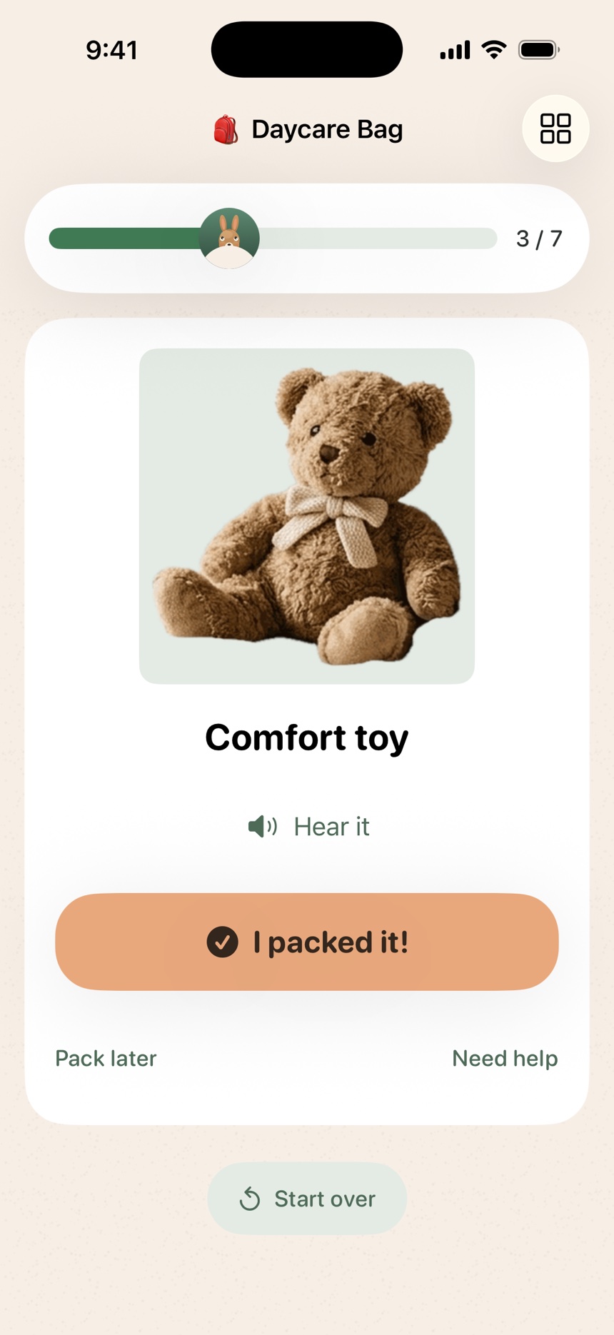 Kid Mode showing one photo item with Hear it, I packed it, Pack later and Need help controls.